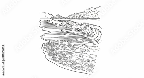 Artistic line drawing of ocean waves crashing near rocky coastline under a clear sky