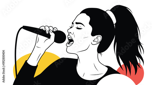 Stylish woman singing passionately into a microphone with colorful abstract shapes in the background for a music event.