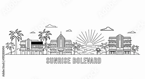 Art deco skyline with sunburst over ocean and palm trees