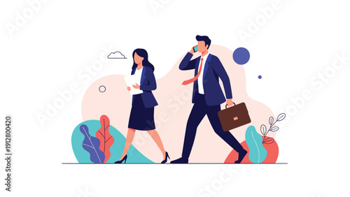 Professional business man and woman walking together in an autumn park with a briefcase and documents for an important meeting.