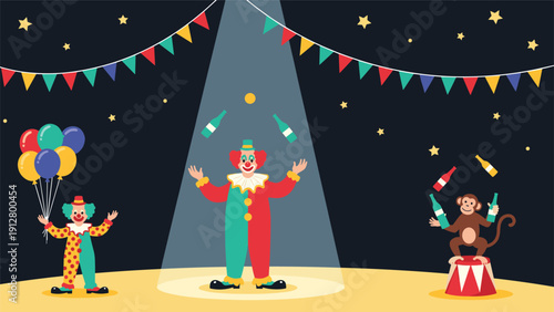 Fun circus performance with a clown juggling bottles and a trained monkey on a pedestal in a big top tent at night.