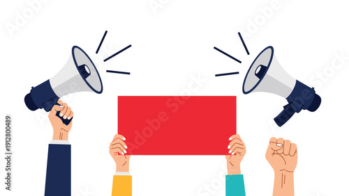 Protest or announcement concept with hands holding megaphones and a blank red sign for your custom message to the public.