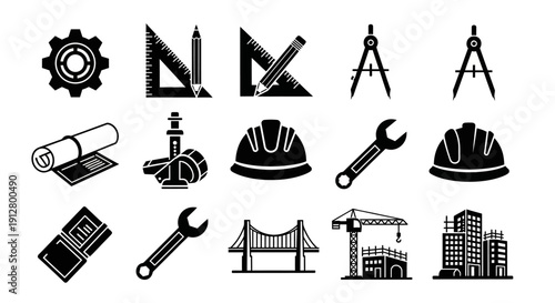 Engineering and Construction Icons: Tools, Blueprints, Helmets, Bridges, Buildings, Gears