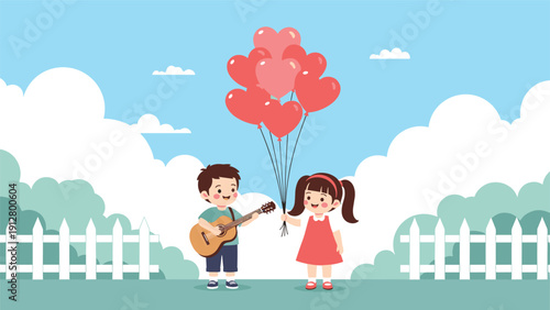 Young boy playing an acoustic guitar for a girl holding heart-shaped balloons in a beautiful park with a white fence.