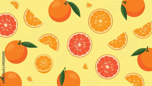 Bright seamless pattern of whole and sliced oranges and grapefruits on a yellow background for summer and fruit themes.