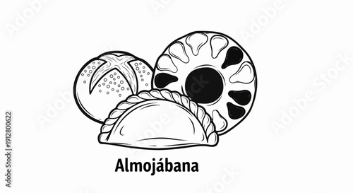 Artistic rendering of a pastry, a round bread, and a crescent-shaped pastry