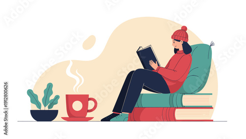 Young woman sitting comfortably on a giant stack of books while reading in a cozy room with coffee and a plant.