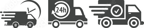 Fast delivery truck icon set collection with express shipping, 24h service, cargo van and logistics transport symbols isolated on white background vector illustration for courier.