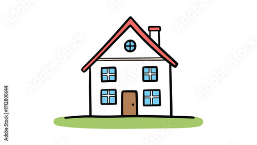 Charming hand-drawn illustration of a two-story white house with a red roof and blue windows on a green lawn.