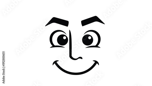 Simple black and white line drawing of a happy male face with a big friendly smile and large expressive eyes looking forward.
