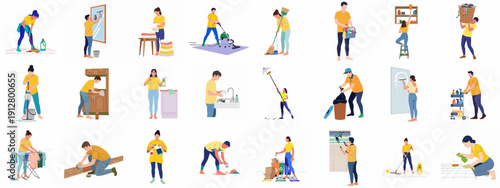 Diverse people performing various household chores and professional cleaning activities, including mopping, vacuuming, laundry, washing windows, and recycling.
