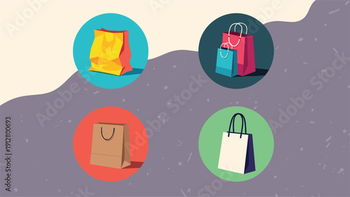 Four colorful circular icons showcase different styles of shopping bags representing retail therapy and consumerism concepts.