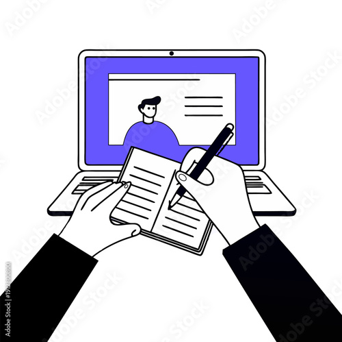 Man Taking Notes During Online Video Conference Call on Laptop.