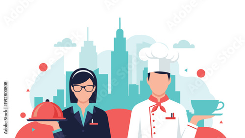Professional female server and male chef present gourmet food and coffee against a backdrop of a modern city skyline.