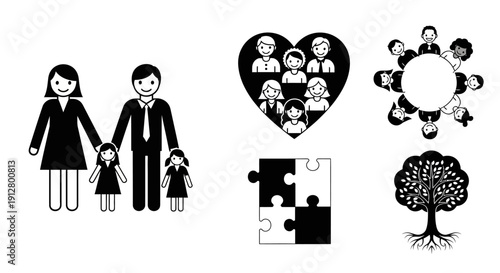 Diverse Family And Community Icons: Love, Unity, Connection, Growth