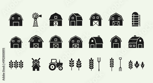Farm Icons: Barns, Tractor, Windmill, Silo, Wheat, Pitchfork, Shovel