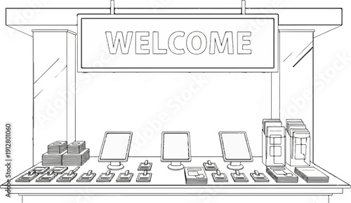 A storefront display features multiple screens and stacked items, with a "WELCOME" sign above
