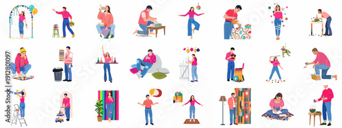 Flat vector set showcasing people preparing, celebrating, decorating, and relaxing during social gatherings, birthdays, and festive events.