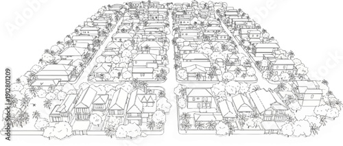 Aerial view sketch of a dense residential neighborhood with tropical trees