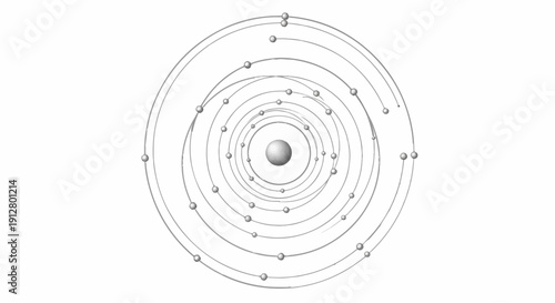 Abstract representation of a central sphere with orbiting particles on concentric rings