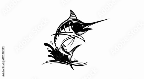 Aggressive marlin leaps from splashing water with sharp bill and fins