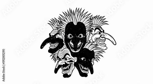 A striking black and white illustration of a cluster of stylized, grotesque faces