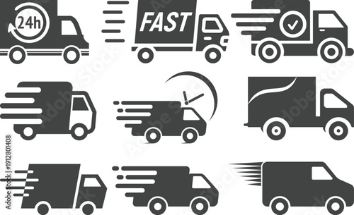 Fast delivery truck icon set collection with express shipping, 24h service, cargo van and logistics transport symbols isolated on white background vector illustration for courier.