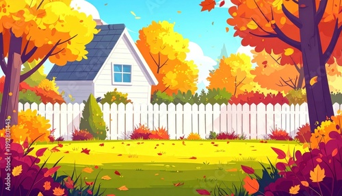 Autumnal Charm - A Cozy House Amidst Vibrant Fall Foliage.