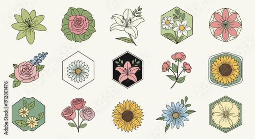 Hand-Drawn Floral Icons Set: Botanical Illustrations of Flowers and Leaves in Geometric Shapes