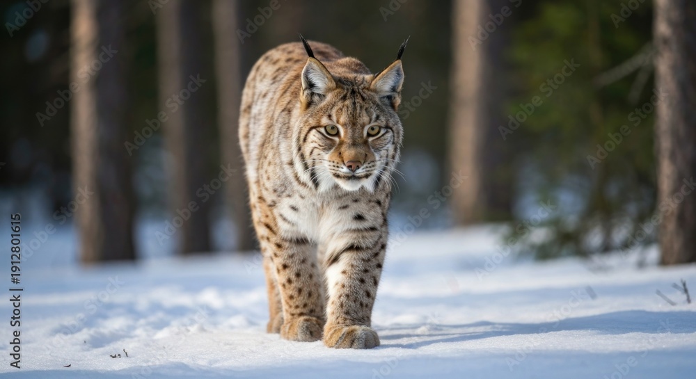 Obraz premium A snow-covered forest scene featuring a lynx with spotted fur walking towards the viewer