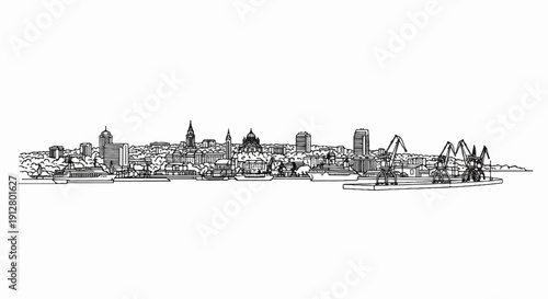 A striking black and white line drawing depicts a vibrant city skyline across a body of water