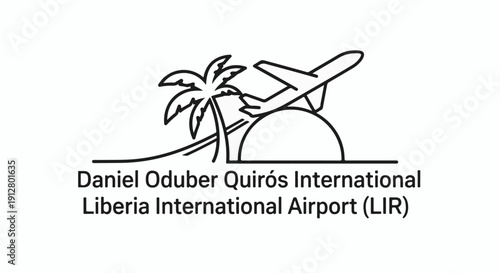 Airplane over tropical island with palm tree and text