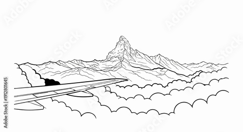 Airplane wing flying over clouds towards majestic snow-capped mountains