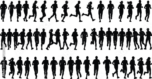 Running People Silhouette Collection with Male and Female Joggers Isolated on White Background for Fitness, Marathon and Sport Training Design