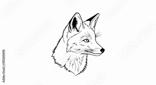 A striking black and white line drawing of a fox's head in profile