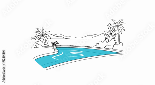 A tropical poolside scene with palm trees, mountains, and a refreshing drink