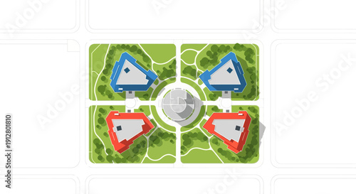 Top View Vector Map of Modern Residential District Layout. Architectural Plan of Urban Housing Complex with Central Green Space