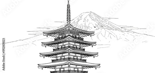 A traditional pagoda stands before a majestic, snow-capped mountain in this scenic illustration