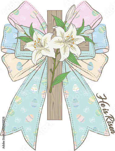 Easter Cross Bow PNG Bundle, He Is Risen Floral Cross with Lily Flowers, Pastel Christian Sublimation Design, Religious PNG for Shirt Mug Print