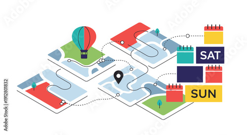 Isometric Weekend Trip Planning Map Vector Illustration. Navigation Route, Hot Air Balloon Travel, and Calendar Schedule for Holiday Journey.