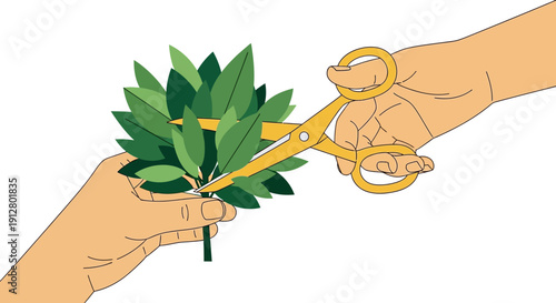 Vector Illustration of Hands Pruning Green Leaves with Golden Scissors. Gardening, Trimming, and Cutting Concept.