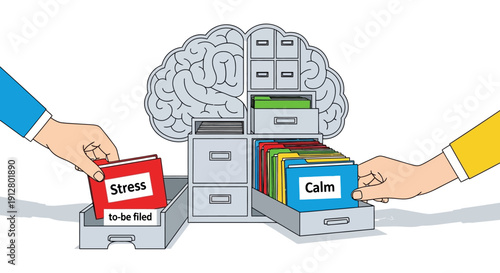 Brain Filing Cabinet Metaphor: Managing Stress and Finding Calmness. Organizing Mental Health Records and Emotional Storage System.