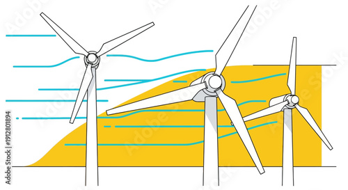 Wind Turbine Wake Effect Diagram: Showing Air Turbulence and Reduced Efficiency in a Wind Farm or Renewable Energy Project Illustration