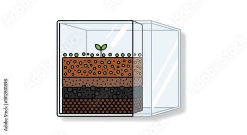 Vector illustration of a terrarium cross-section showing layered soil structure, small plant seedling growth, ecology experiment, and closed ecosystem concept.