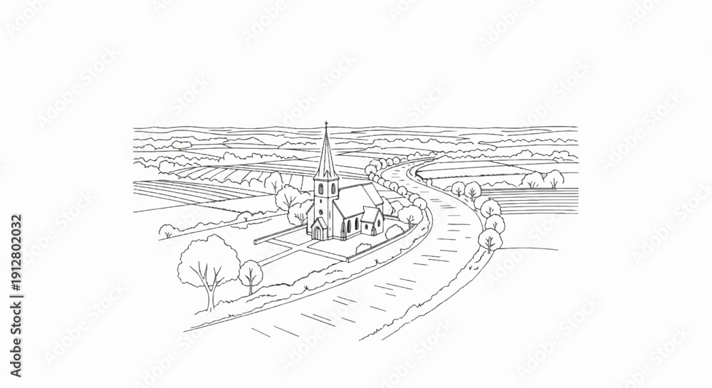 Fototapeta premium A tranquil village scene unfolds with a church, river, fields, and distant hills