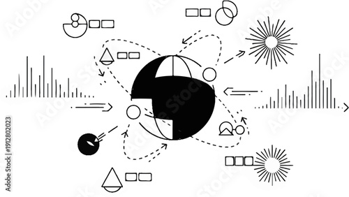 Abstract diagram showing a central sphere with orbiting elements and data visualizations