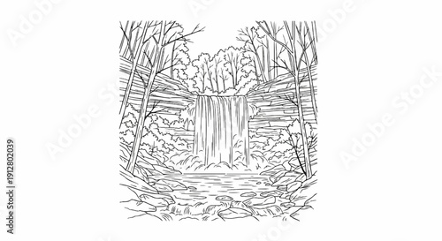 A striking waterfall cascades down rocky cliffs surrounded by lush foliage and trees