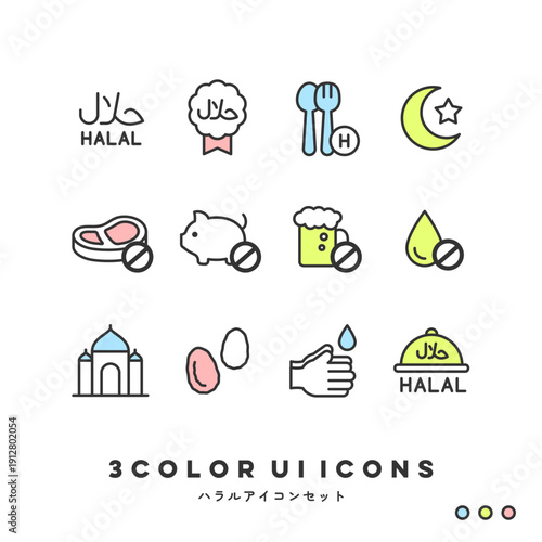 3色アイコンセット（ハラル・ムスリムフレンドリー） | 3COLOR UI Icons (Halal & Muslim Friendly)