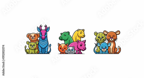 A trio of colorful, stylized cartoon animals a deer, bears, and lions