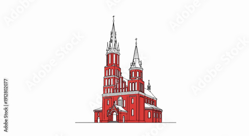 A striking red gothic church with tall spires and intricate architectural details